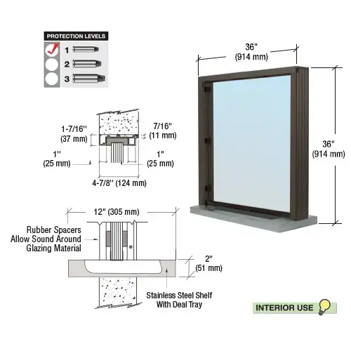 Dark Bronze Bullet Resistant 36" Wide Interior Window with Surround Sound and Shelf with Deal Tray for 4-7/8" Thick Walls Dark Bronze Bullet Resistant 36" Wide Interior Window with Surround Sound and Shelf with Deal Tray for 4-7/8" Thick Walls