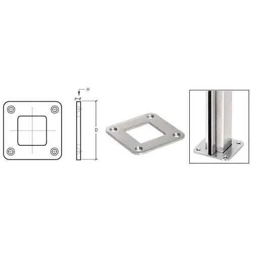Brushed Stainless Square Base Plate for 1-1/2" Square Tubing Brushed Stainless Square Base Plate for 1-1/2" Square Tubing