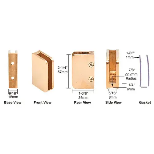 Polished Brass 1/4" Closed Bottom Left Hand Bottom Radius Base Glass Clip Polished Brass 1/4" Closed Bottom Left Hand Bottom Radius Base Glass Clip