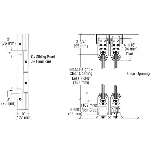 Satin Brass OXXO Format Sliding Door Entrance System - 4" Top and Bottom Tapered Rail Satin Brass OXXO Format Sliding Door Entrance System - 4" Top and Bottom Tapered Rail