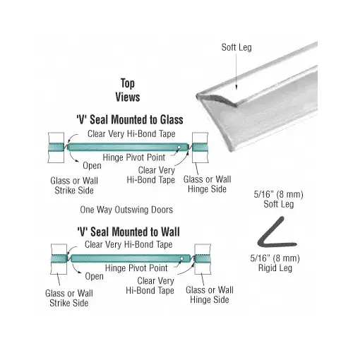 Translucent Vinyl Edge 'V' Seal for 1/4" Maximum Gap With Pre-Applied Tape - 95" Stock Length Clear