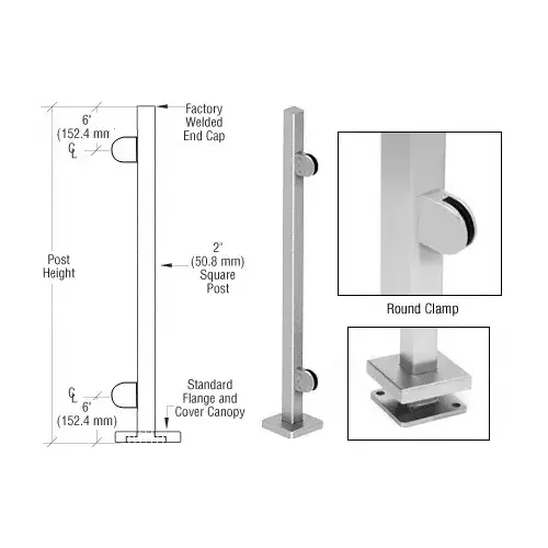 Brushed Stainless 42" Steel Round Glass Clamp End Square Post Railing Kit Brushed Stainless 42" Steel Round Glass Clamp End Square Post Railing Kit