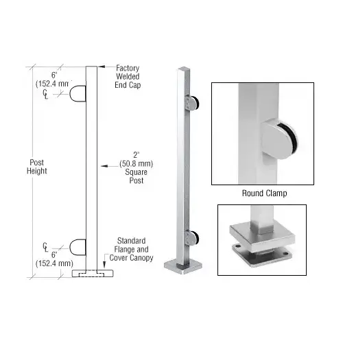 Polished Stainless 42" Steel Round Glass Clamp End Square Post Railing Kit Polished Stainless 42" Steel Round Glass Clamp End Square Post Railing Kit