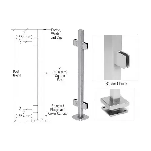 Brushed Stainless 36" Steel Square Glass Clamp 180 Degree Center Square Post Railing Kit Brushed Stainless 36" Steel Square Glass Clamp 180 Degree Center Square Post Railing Kit