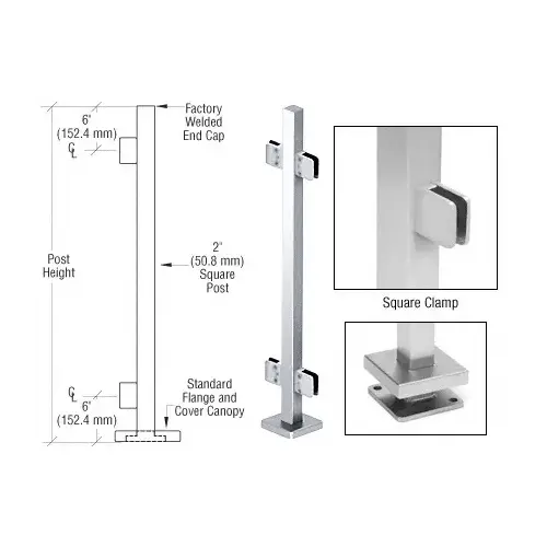 Polished Stainless 42" Steel Square Glass Clamp 180 Degree Center Square Post Railing Kit Polished Stainless 42" Steel Square Glass Clamp 180 Degree Center Square Post Railing Kit
