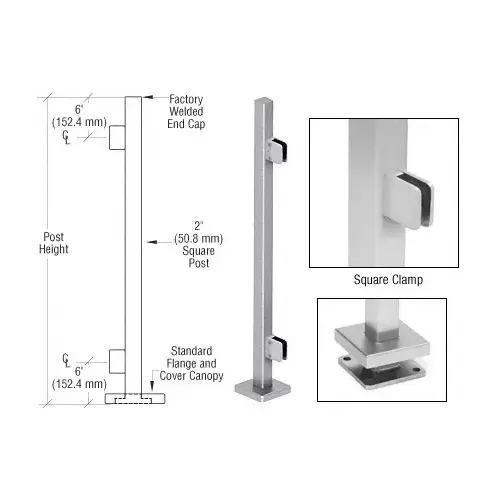 Brushed Stainless 42" Steel Square Glass Clamp End Square Post Railing Kit Brushed Stainless 42" Steel Square Glass Clamp End Square Post Railing Kit