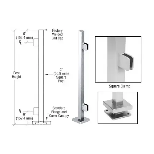 Polished Stainless 36" Steel Square Glass Clamp End Square Post Railing Kit Polished Stainless 36" Steel Square Glass Clamp End Square Post Railing Kit