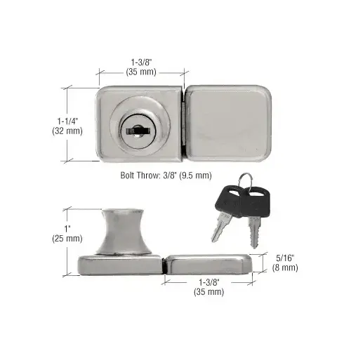 Brushed Nickel UV Bond Classic Series Glass Door Lock and Keeper for Double Doors - Keyed Alike