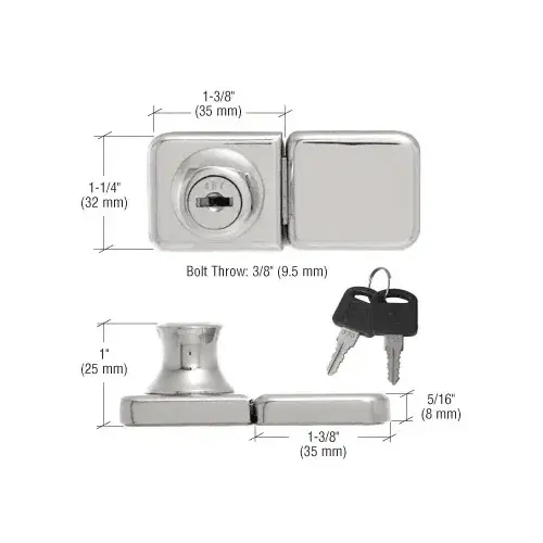 Chrome UV Bond Classic Series Glass Door Lock and Keeper for Double Doors - Keyed Alike