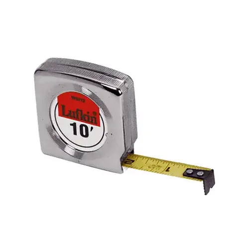 Tape Measure: 10 ft Long, 1/2" Width, Yellow Blade Chrome