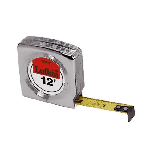 Tape Measure: 12 ft Long, 1/2" Width, Yellow Blade Chrome