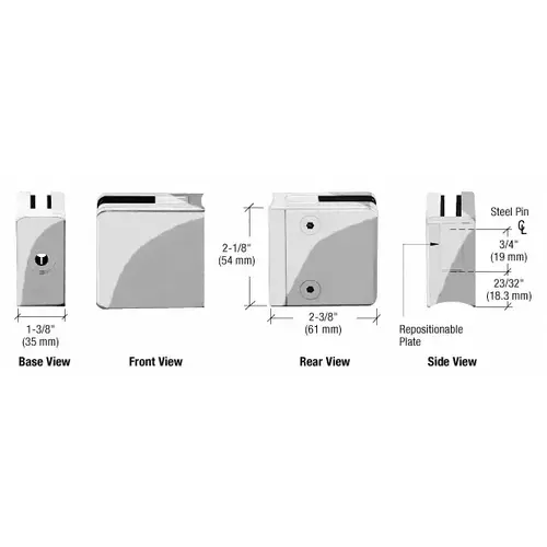 Polished Stainless Steel Z-Series Square Type Radius Base Zinc Clamps for 3/8" and 1/2" Glass with Repositionable Plate Polished Stainless Steel Z-Series Square Type Radius Base Zinc Clamps for 3/8" and 1/2" Glass with Repositionable Plate