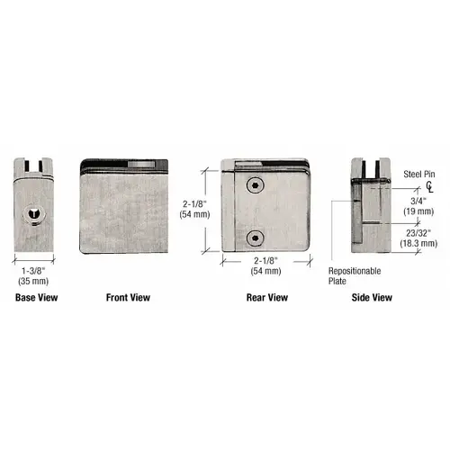 Brushed Nickel Z-Series Square Type Flat Base Zinc Clamp for 3/8" and 1/2" Glass with Repositionable Plate