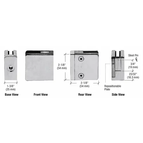 Brushed Stainless Steel Z-Series Square Type Flat Base Zinc Clamp for 3/8" and 1/2" Glass with Repositionable Plate Brushed Stainless Steel Z-Series Square Type Flat Base Zinc Clamp for 3/8" and 1/2" Glass with Repositionable Plate