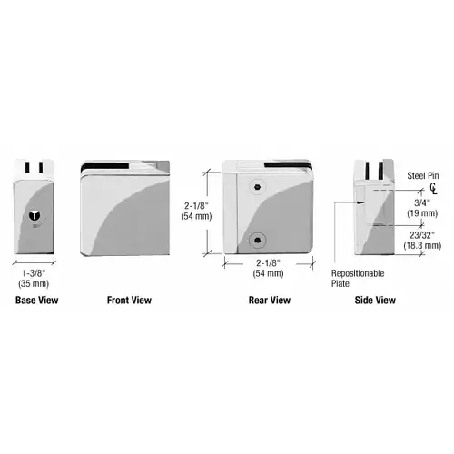 Polished Stainless Steel Z-Series Square Type Flat Base Zinc Clamp for 3/8" and 1/2" Glass with Repositionable Plate Polished Stainless Steel Z-Series Square Type Flat Base Zinc Clamp for 3/8" and 1/2" Glass with Repositionable Plate