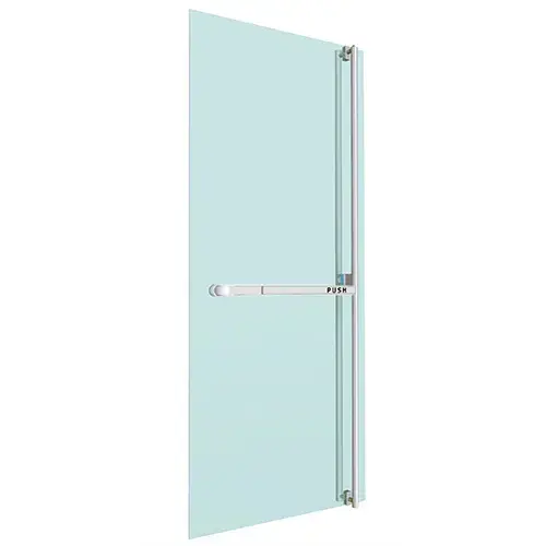 Polished Stainless Right Hand Reverse Glass Mount Keyed Access "F" Exterior, Top Securing Panic Handle