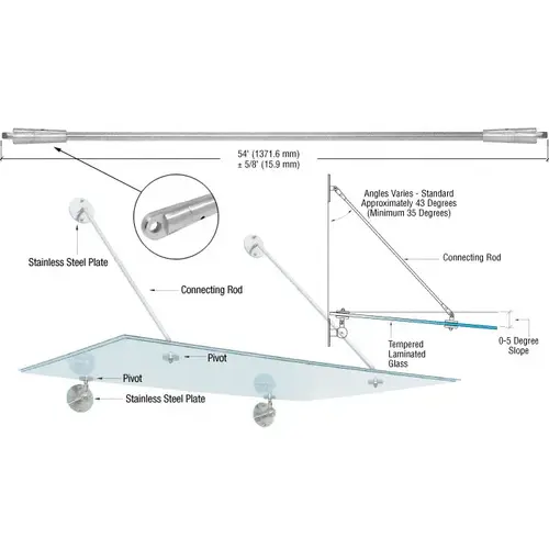 Brushed Stainless 54" Glass Awning System Connecting Rod for 48" Wide Panels - (1) Connecting Rod Included Only