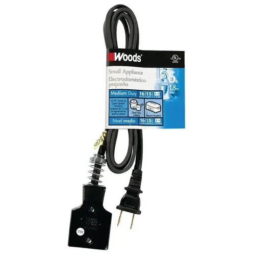 Extension Cord, 6 ft L, 15 A, 125 V, Black