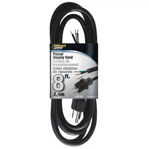 Power Cord, 8 ft L, 13 A, 125 V, Black