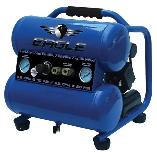 Eagle Silent Series Portable Air Compressor, Tool Only, 4 gal Tank, 1 hp, 115 VAC, 125 psi Pressure, 1-Stage Eagle Silent Series Portable Air Compressor, Tool Only, 4 gal Tank, 1 hp, 115 VAC, 125 psi Pressure, 1-Stage