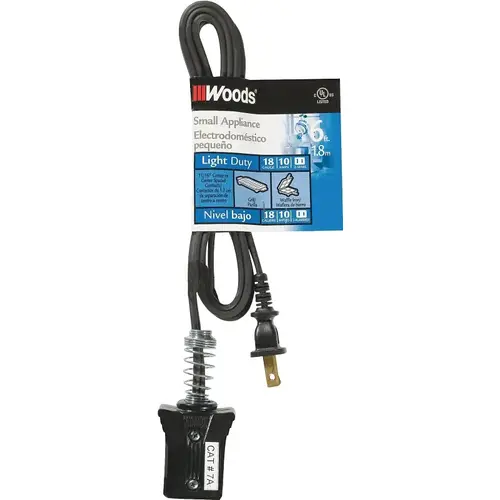 Extension Cord, 6 ft L, 10 A, 125 V, Black