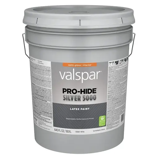 Valspar Pro-Hide Silver 5000 7300 Latex Paint, Water Base, Semi-Gloss Sheen, White Base, 5 gal Valspar Pro-Hide Silver 5000 7300 Latex Paint, Water Base, Semi-Gloss Sheen, White Base, 5 gal