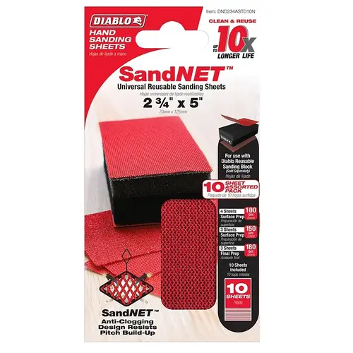 SandNET 2-3/4 In. x 5 In. 100/150/180-Grit Reusable Hand Sander Refill Sheets (10-Pack)