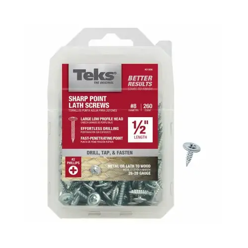 Lath Screw, #8 Thread, Truss Head, Phillips Drive, Sharp Point, Steel, Zinc, 260 PK