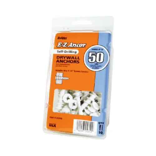 Wall Anchor, 1-5/8 in L, Fiber Reinforced Nylon/Plastic, 75 lb - pack of 50 Wall Anchor, 1-5/8 in L, Fiber Reinforced Nylon/Plastic, 75 lb - pack of 50