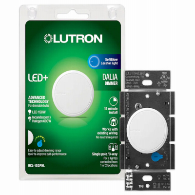 Lutron RCL-153PNLH-WH Dalia LED+ White 150W Single-Pole/3-Way LED Illuminated Rotary Light Dimmer Switch