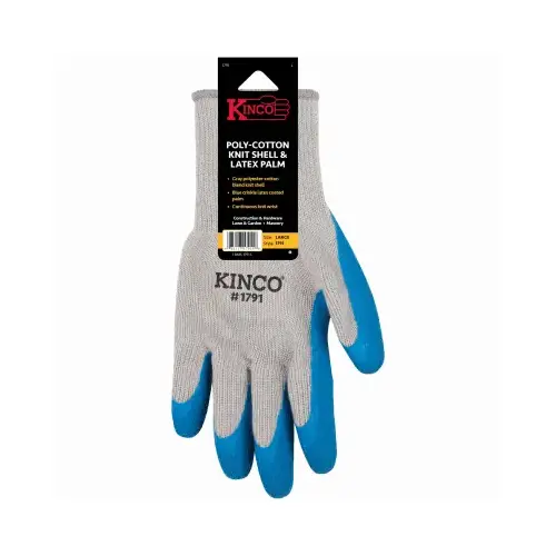 Coated Gloves, Men's, XL, 7 to 8 in L, Knit Wrist Cuff, Latex Coating, Cotton/Polyester Glove, Blue/Gray Pair
