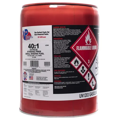 VP Racing 40:1 Premixed Small Engine Fuel, Aromatic Hydrocarbon, Red, 5 gal Pail