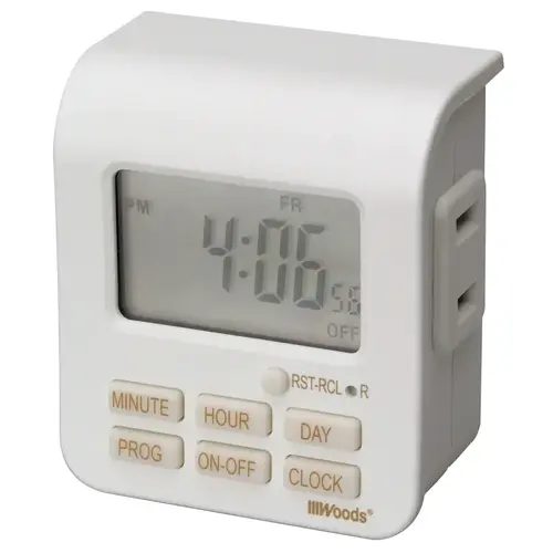 Digital Timer, 10 A, 125 V, 1250 W, 7 days Time Setting, 20 On/Off Cycles Per Day Cycle, White