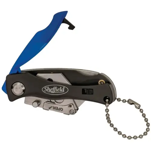 Utility Knife, 1-1/2 in L Blade, Stainless Steel Blade, Curved Handle, Black/Blue Handle