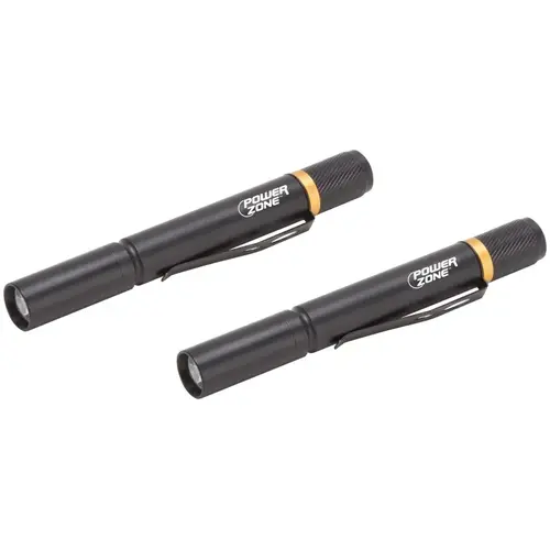 Penlight, AAA Battery, LED Lamp, 100 Lumens, 30 m Beam Distance, 4 hrs Run Time, Black - pack of 2