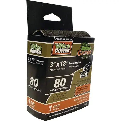 Sanding Belt, 3 in W, 18 in L, 80 Grit, Medium, Zirconium Oxide Abrasive Black Sanding Belt, 3 in W, 18 in L, 80 Grit, Medium, Zirconium Oxide Abrasive Black