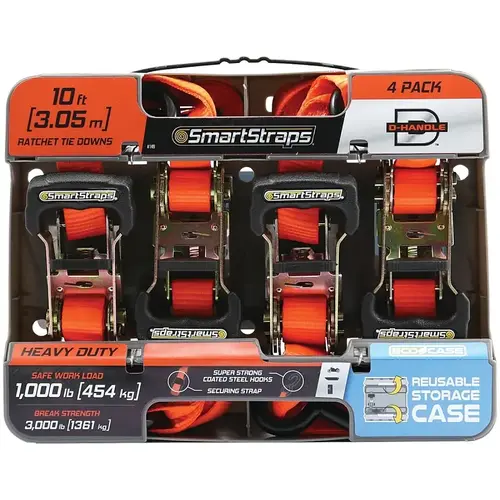Tie-Down, 1 in W, 10 ft L, Polyester, Orange, 1000 lb, S-Hook End Fitting, Steel End Fitting - pack of 4 Tie-Down, 1 in W, 10 ft L, Polyester, Orange, 1000 lb, S-Hook End Fitting, Steel End Fitting - pack of 4