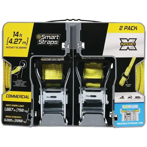 Tie-Down, 1-1/2 in W, 14 ft L, Polyester, Yellow, 1667 lb, Hook End Fitting, Steel End Fitting - pack of 2 Tie-Down, 1-1/2 in W, 14 ft L, Polyester, Yellow, 1667 lb, Hook End Fitting, Steel End Fitting - pack of 2