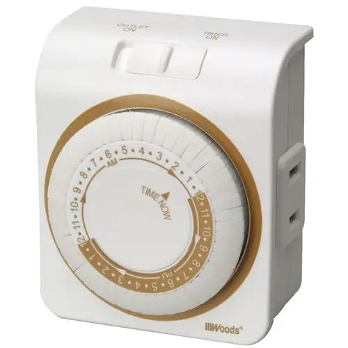 Mechanical Timer, 15 A, 125 V, 1875 W, 24 hr Time Setting, 24 On/Off Cycles Per Day Cycle, White
