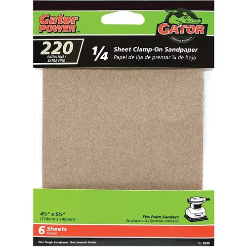 Sanding Sheet, 4-1/2 in W, 5-1/2 in L, 220 Grit, Extra Fine, Aluminum Oxide Abrasive, Paper Backing - pack of 6