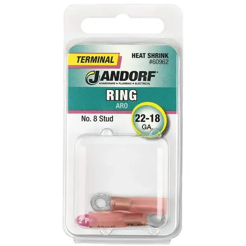 Ring Terminal, 22 to 18 AWG Wire, #8 Stud, Copper Contact, Pink