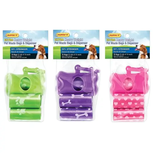 BAG DOG WASTE W/DISP 75CT Green/Pink/Purple - pack of 5 BAG DOG WASTE W/DISP 75CT Green/Pink/Purple - pack of 5