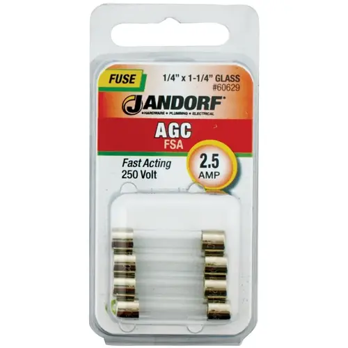 Fast Acting Fuse, 2.5 A, 250 V, 100 A, 10 kA Interrupt, Glass Body