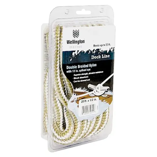 Dock Line, 1/2 in Dia, 20 ft L, 320 lb Working Load, Nylon, Gold/White Dock Line, 1/2 in Dia, 20 ft L, 320 lb Working Load, Nylon, Gold/White