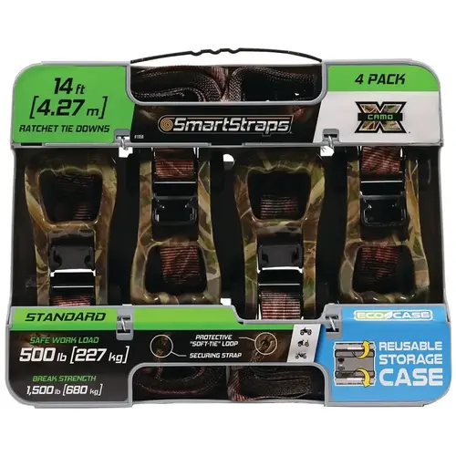 Tie-Down, 1 in W, 14 ft L, Polyester, 500 lb, S-Hook End Fitting, Steel End Fitting - pack of 4