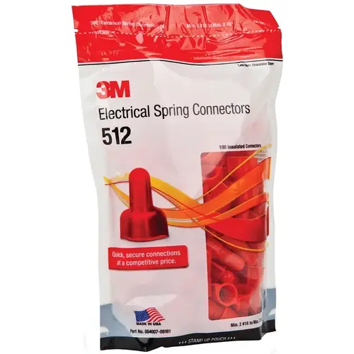 512 Spring Connector, 20 to 8 AWG Wire, Nylon Housing Material, Red - pack of 100 512 Spring Connector, 20 to 8 AWG Wire, Nylon Housing Material, Red - pack of 100