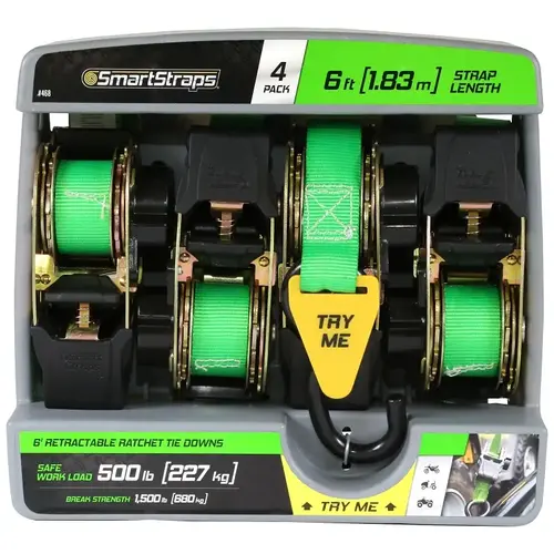 Tie-Down, 1 in W, 6 ft L, Green, 500 lb, S-Hook End Fitting, Steel End Fitting Tie-Down, 1 in W, 6 ft L, Green, 500 lb, S-Hook End Fitting, Steel End Fitting