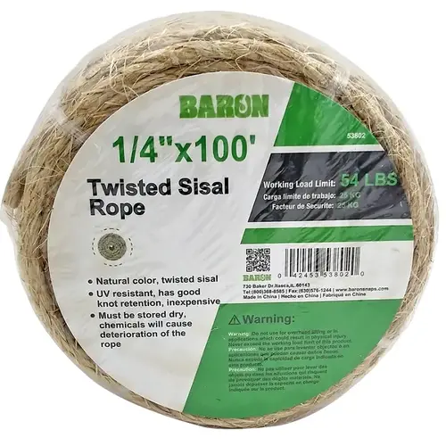 Baron 53802 Utility Rope, 1/4 in Dia, 100 ft L, 54 lb Working Load ...