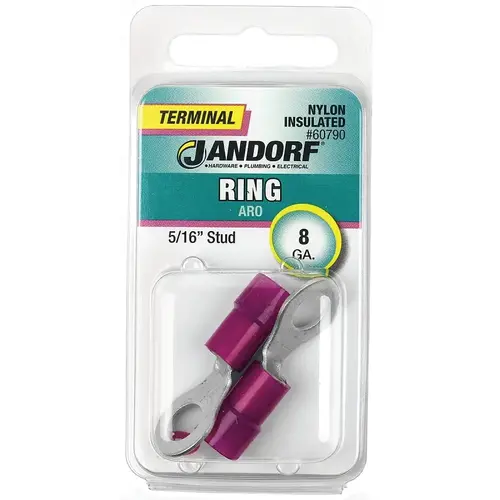 Ring Terminal, 8 AWG Wire, 5/16 in Stud, Nylon Insulation, Copper Contact, Red