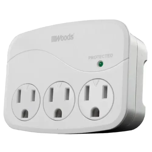 Surge Protector, 120 VAC, 15 A, 3 -Outlet, 1000 J Energy, White Surge Protector, 120 VAC, 15 A, 3 -Outlet, 1000 J Energy, White